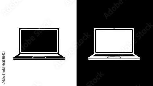 A closed laptop computer rests on a stark black and white background, symbolizing duality and technological simplicity.