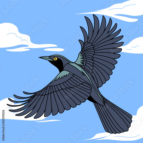 Colorful illustration of a black mynah bird soaring through a bright blue sky with clouds. Captures the bird's graceful wingspan in mid-flight.
