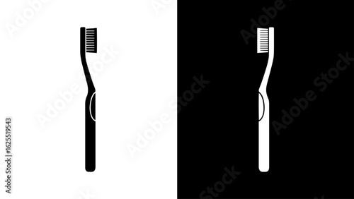 A simple black and white graphic depicts a toothbrush standing upright against a split background, symbolizing oral hygiene and cleanliness.