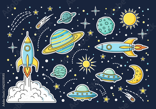Colorful cartoon illustration of space elements including rockets, planets, stars, UFOs, comets, the sun, and the moon against a dark blue background.