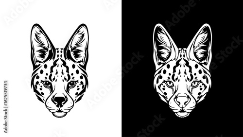 A Serval cat's head, rendered in striking black and white, stares intently forward, conveying a sense of wild grace and untamed power.