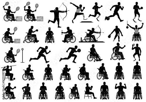 Silhouette illustrations depicting various Paralympic sports activities, including wheelchair tennis, archery, running, basketball, and other athletic events.