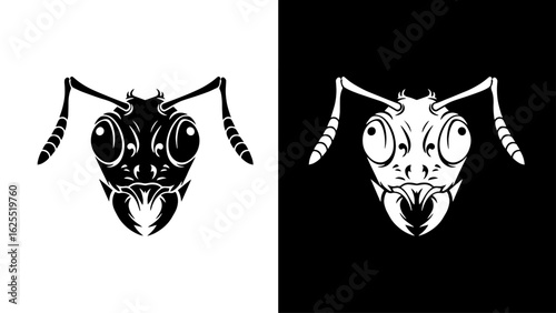 A stylized ant head, viewed from the front, in stark black and white, conveying a powerful and intense mood.