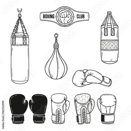 Collection of boxing equipment illustrations including punching bags, speed bag, boxing gloves, and a championship belt.