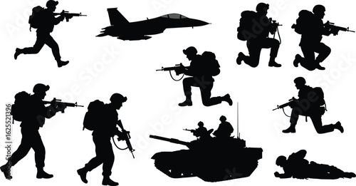 Soldier silhouette vector, military troops illustration, armed forces operation pose, army combat scene, black tactical team clipart, battlefield action, war weapon design vector