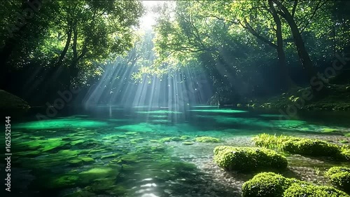 Sunlight streams through a lush forest into a crystal-clear spring.