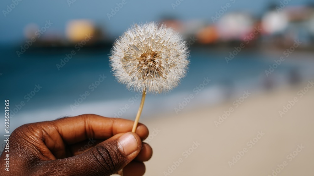 Fototapeta premium Serene hand holding a delicate white flower in a beautiful beach setting - Tranquility