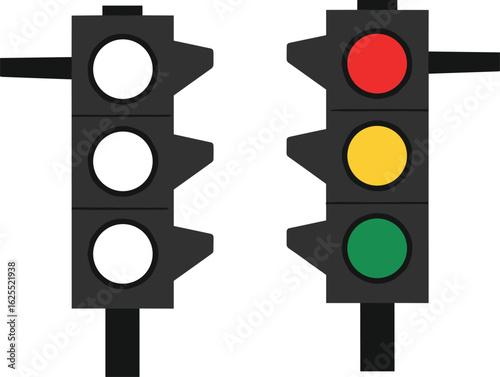 Cad drawing flat vector illustration of traffic lights, red yellow green signal, isolated road signal lights, stop go caution, urban street sign symbol