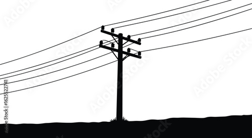 Silhouette of telephone pole with power lines over ground, electric utility infrastructure vector, rural energy transmission drawing, cad drawing flat vector illustration