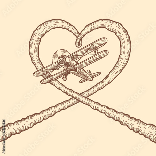 biplane in a heart-shaped smoke trail vintage sketch