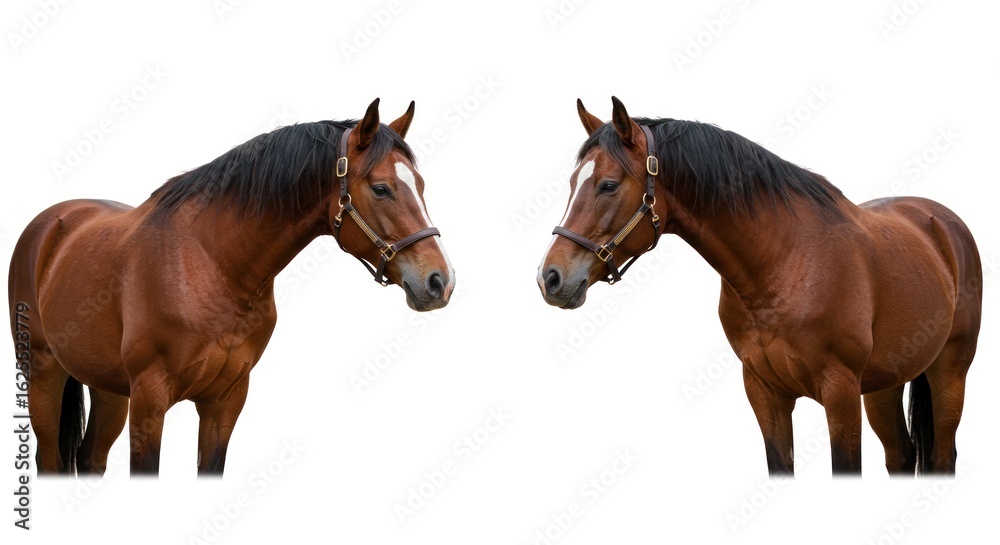 Fototapeta premium Elegant mirrored horses in profile against a clean white background creating a symmetrical visual