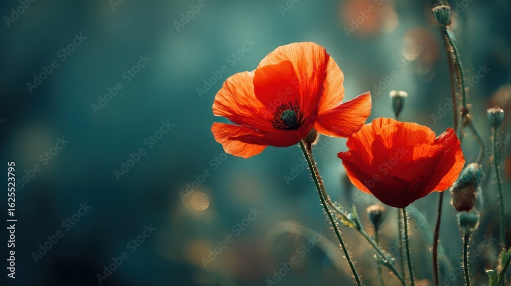 Fototapeta premium Vibrant red poppy flowers bloom in a serene field, bathed in soft, bokeh sunlight