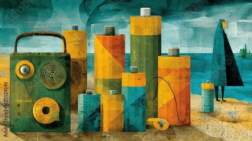 Abstract Geometric Landscape with Vintage Radio