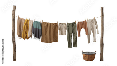 illustration of a realistic outdoor clothesline with assorted laundry hanging between two rustic wooden poles