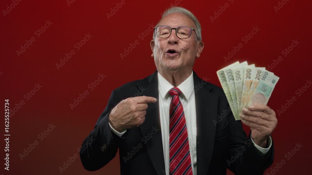 Senior man in business attire holding czech koruna banknotes against an isolated red background with a confident expression implying success and wealth. Senior man in business attire holding czech koruna banknotes against an isolated red background with a confident expression implying success and wealth.