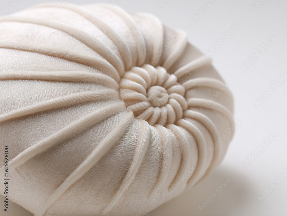 Obraz premium Plush seashell spiral pillow high detail velvet ridge macro close up capturing fine stitching neutral white backdrop