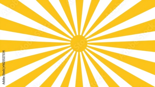 Radial yellow-gold rays emanate from central sun disc on white background, graphic design