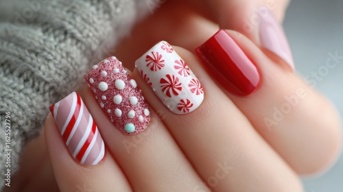 Close-up of a hand showcasing a red and white manicured nail design against a blurred background.