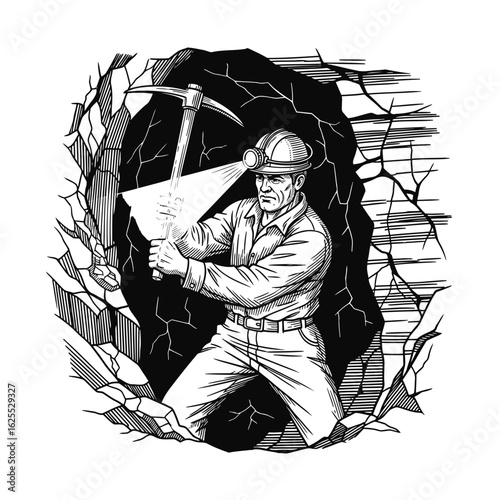 A determined miner with a headlamp swings a pickaxe, excavating rock in a dark cave. A black and white vintage illustration of hard labor.