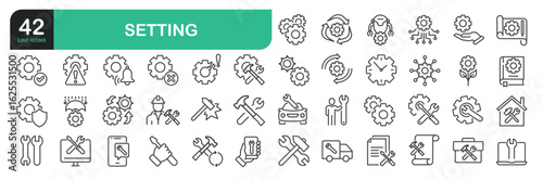 Set of line icons related to seting, setup, customize. Outline icons collection.