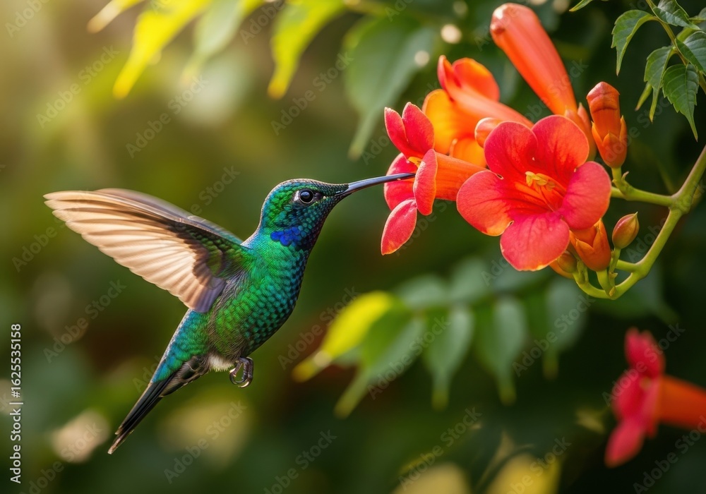 Obraz premium A vibrant hummingbird feeding on bright orange flowers in the sunlight