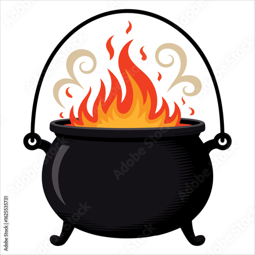Black iron empty cooking pot with fire underneath in flat cartoon style, icon for camping, Halloween, witches cauldron and holiday graphics