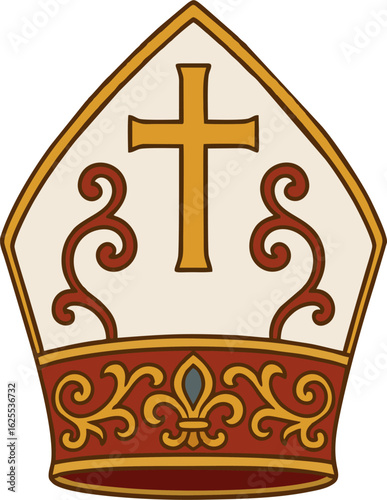 Minimalist Bishop Mitre Vector Illustration – Gold Cross with Red and Gold Ornamental Design