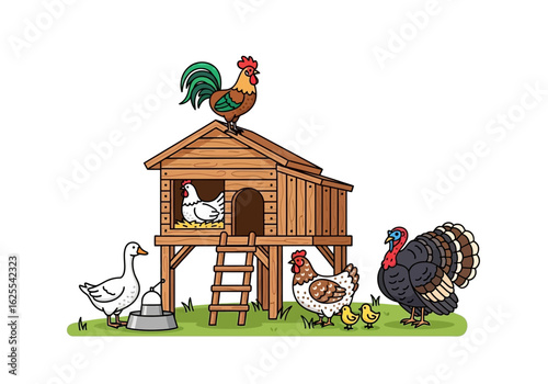 Illustration depicting a rooster standing atop a wooden chicken coop, surrounded by a hen, chicks, goose, and turkey in a grassy farmyard setting.