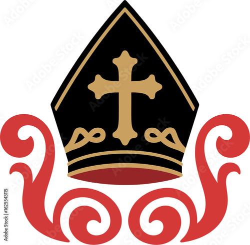 Flat Vector Bishop Mitre with Gold Cross and Red Baroque Ornaments – Minimal Religious Icon Design