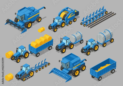 Isometric illustration of various blue and yellow agricultural vehicles and equipment, including tractors, harvesters, trailers, and farm machinery.