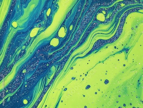 Abstract marble ink in neon green and electric blue with vibrant glitter speckles creating a dynamic and lively background