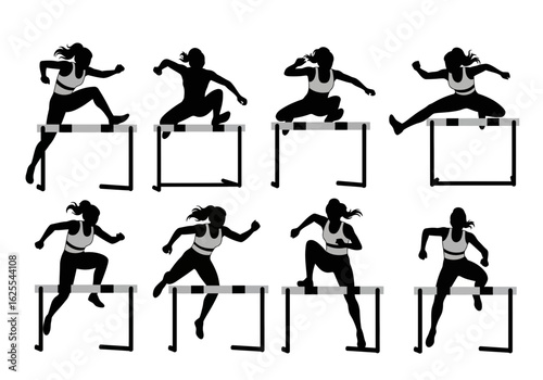 Silhouetted female athletes in various stages of hurdling, showcasing different poses and movements over the hurdle.
