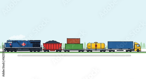 Vector Illustrations. Canadian Cargo Convoy A Surreal Illustrated Journey from Rail to Road. AI EPS Editable