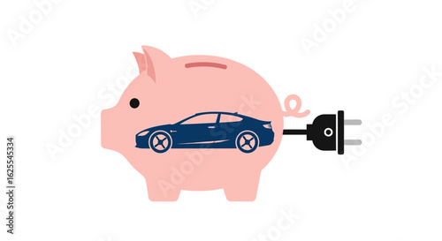 Vector Illustrations. Electric Vehicle Savings Pink Piggy Bank with Blue Car Icon and Power Plug. AI EPS Editable