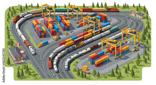 Vector Illustrations. Intricate Isometric View of a Bustling Canadian Rail Freight Terminal. AI EPS Editable