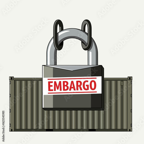Vector Illustrations. Locked Down Giant Embargo Padlock Secures a Corrugated Cargo Container. AI EPS Editable