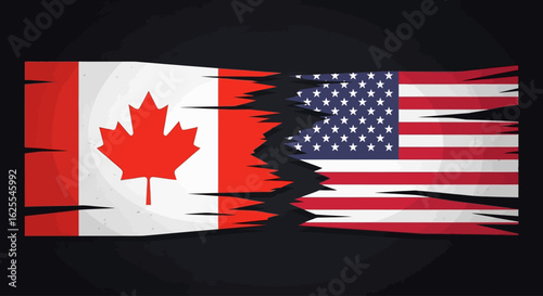 Vector Illustrations. Jagged Divide Torn Flags of Canada and USA Symbolizing a Fractured Alliance. AI EPS Editable