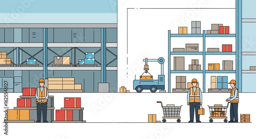 Vector Illustrations. Modern Warehouse Logistics with Workers and Automated Guided Vehicle. AI EPS Editable