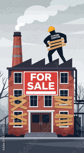 Vector Illustrations. Ominous Figure of Economic Downturn Shuts Down Industrial Plant. AI EPS Editable