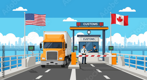 Vector Illustrations. SemiTruck at USACanada Border Customs Checkpoint with Waving Flags. AI EPS Editable