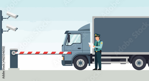 Vector Illustrations. Security Officer Inspects a Cargo Truck at a Checkpoint with a Barrier and Surveillance Cameras. AI EPS Editable