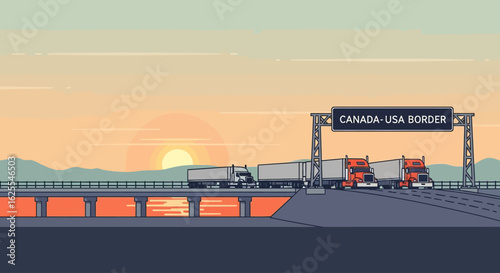 Vector Illustrations. SemiTrucks Cross the CanadaUSA Border Bridge Under a Warm Sunset Sky. AI EPS Editable