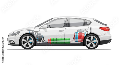 Vector Illustrations. Sleek White Electric Car Cutaway Revealing Battery Pack and Dual Motor System. AI EPS Editable