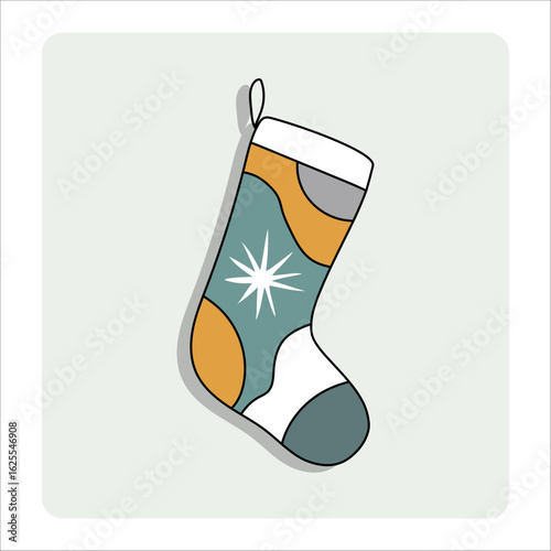 Christmas stocking sock. Holly leaf decoration. Vector holiday symbol. Simple festive object.