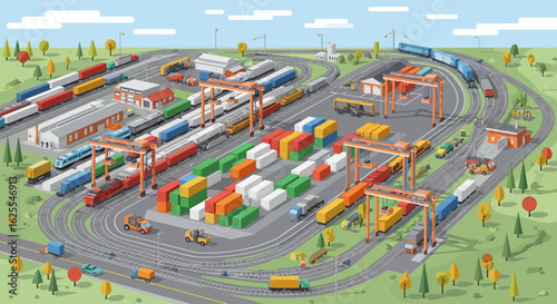 Vector Illustrations. Sprawling Intermodal Rail Terminal with Cranes and Trains in Isometric View. AI EPS Editable