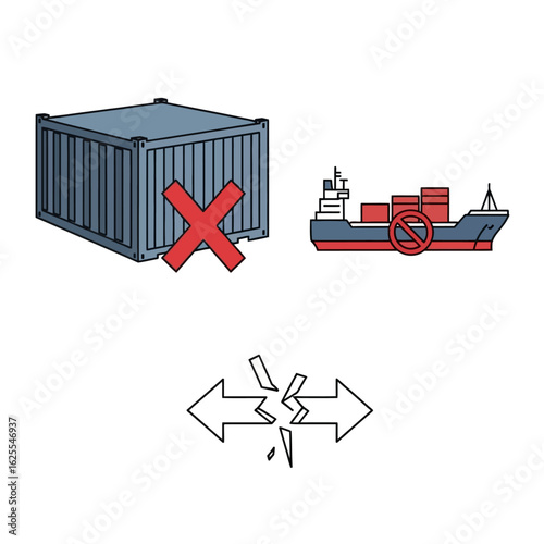 Vector Illustrations. Supply Chain Breakdown Canceled Cargo Shipping Embargo and Failed Negotiations. AI EPS Editable