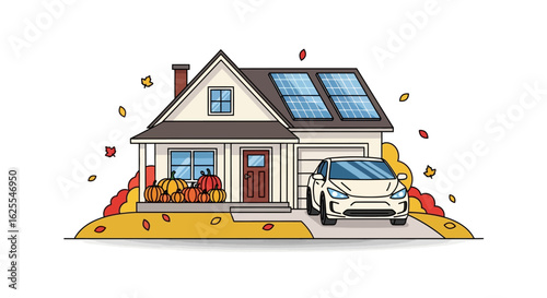 Vector Illustrations. Sustainable Autumn Living SolarPowered Home with EV and Pumpkins. AI EPS Editable