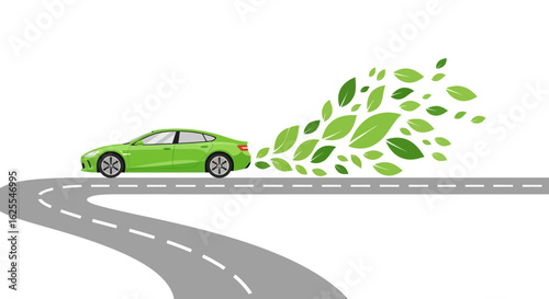 Vector Illustrations. Sustainable Journey A Green Electric Car Emits a Trail of Fresh Leaves on a Winding Road. AI EPS Editable