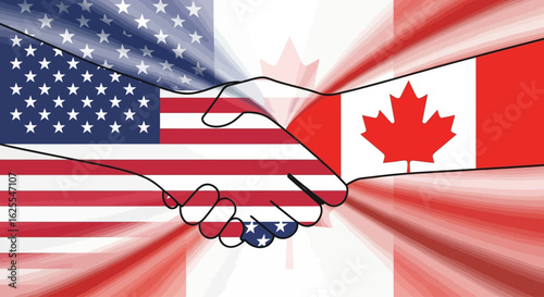 Vector Illustrations. Symbolic Handshake Uniting USA and Canada Flags with a Radiant Glow. AI EPS Editable