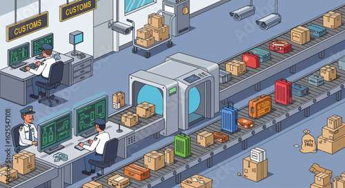 Vector Illustrations. Systematic Border Control Isometric View of Customs Luggage Scanning. AI EPS Editable